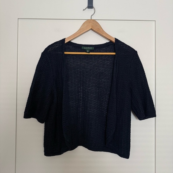 Lauren Ralph Lauren Sweaters - Lauren Ralph Lauren Open Cardigan Women Sz M Navy Knit V Neck Cropped 100% Linen